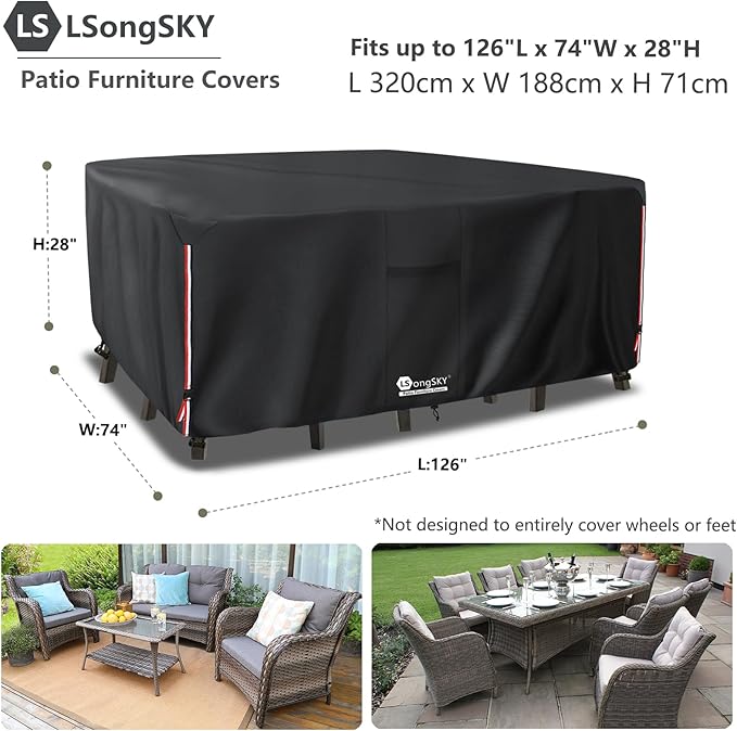 Outdoor Furniture Covers Waterproof,600D Heavy Duty Patio Furnitures Covers for 6/7/8 PCS Sets Sectional Sofa Couch Rocking Swivel Chairs Ottomans Coffee Table,126L x 74W x 28H inch Black