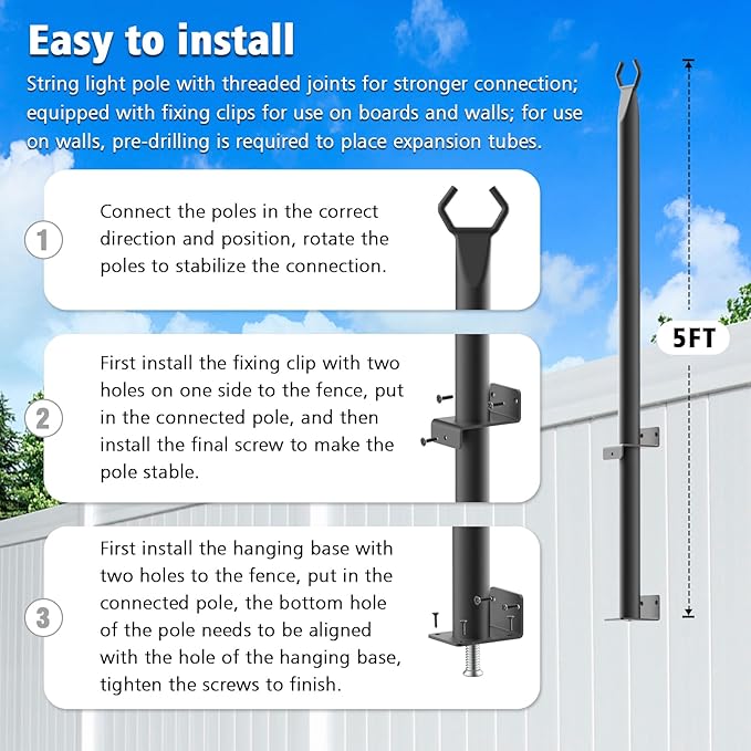 AHRLHR 8 Pack String Light Poles for Deck,5 Ft String Light Poles for Outside with Fixing Clips,Metal Poles for Outdoor String Lights, Hanging Light Poles for Fence Garden Backyard Wall Bistro
