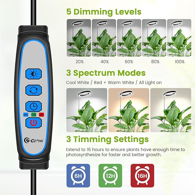 Kullsinss Black Grow Lights for Indoor Plants, Full Spectrum LED Plant Grow Light with 6/12/16H Timer, 3 Color Modes, 5 Brightness, 10"-65" Height Adjustable Growing Lamp for Indoor Plants (2 Pack)