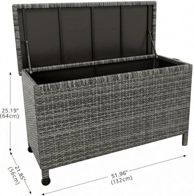 125 Gallon Wicker Deck Box, All-Weather Outdoor Storage Bin with Rattan Finish, for Patio Furniture, Cushions, Pool Supplies & Garden Tools (Gray)