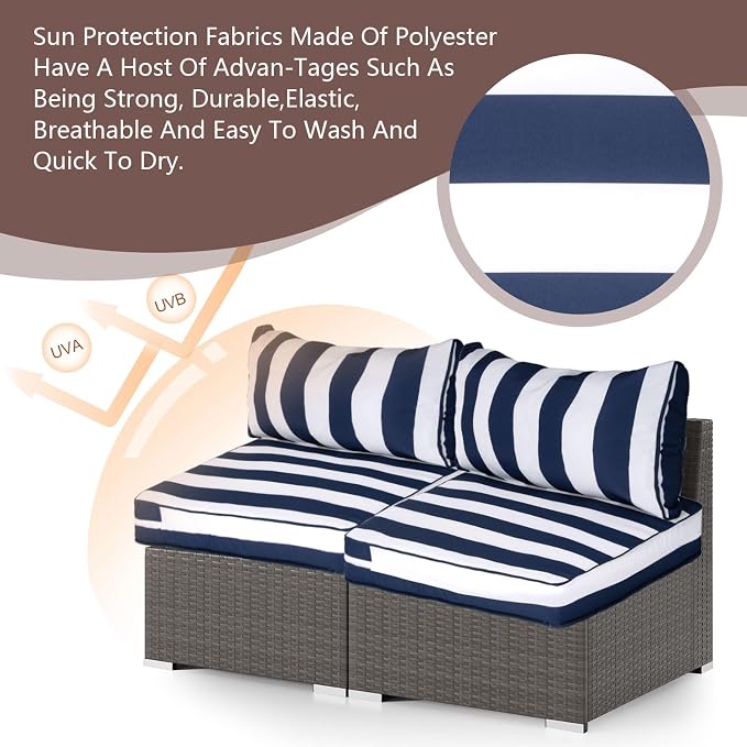 14 Piece Outdoor Furniture Replacement Cushions, Cover+Filling, 25.6" x 25.6" x 4" Foam Waterproof Outdoor Sofa Cushion Sets, Fit Wicker Rattan Sectional Conversation Set, Blue White Stripe