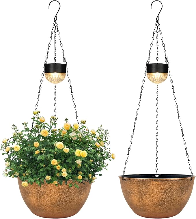 SUNNYPARK 2 Packs Hanging Planters Basket for Outdoor Plants, Solar Powered Self Watering Bronze Round Plastic Flower Pots with Drainer for Balcony Patio Garden Outdoor Decoration