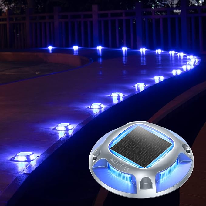 AGPTEK Solar Driveway Lights Outdoor 4 Pack, 2 Color Modes LED Deck Dock Marine Waterproof Security Marker Lights for Step Sidewalk Stair Garden Pathway Walkway Yard(Blue Light/Cool White)