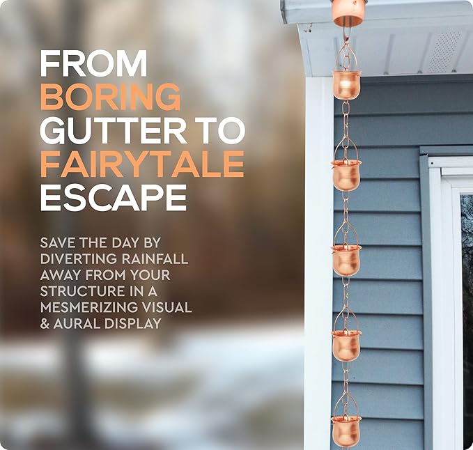 Copper Rain Chain – Decorative Chimes & Cups Replace Gutter Downspout & Divert Water Away from Home for Stunning Fountain Display – for Universal Fit