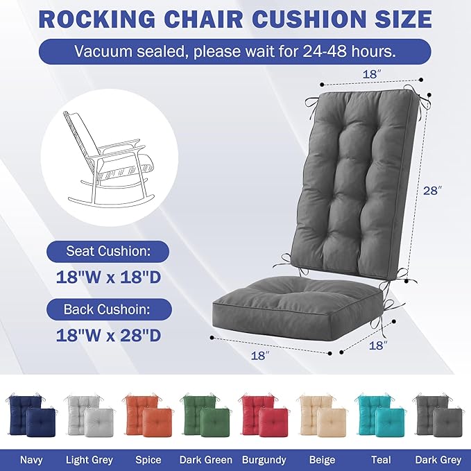 IPYNBAP Rocking Chair Cushion, Waterproof and Fade-Resistant Patio Chair Cushions, Tufted Chair Pads for Rocker Furniture, 18x18 Inch, Indoor/Outdoor Seat Cushions with Ties, Dark Grey