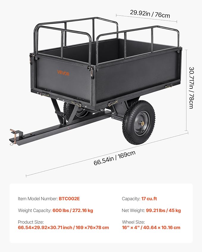 VEVOR Heavy Duty ATV Trailer Tow Behind Dump Cart, 17 Cu.Ft. 600lbs Capacity, Pull Behind Steel Yard Wagon Dump Trailer for Tractor Lawn Mower Garden with 16in Tires