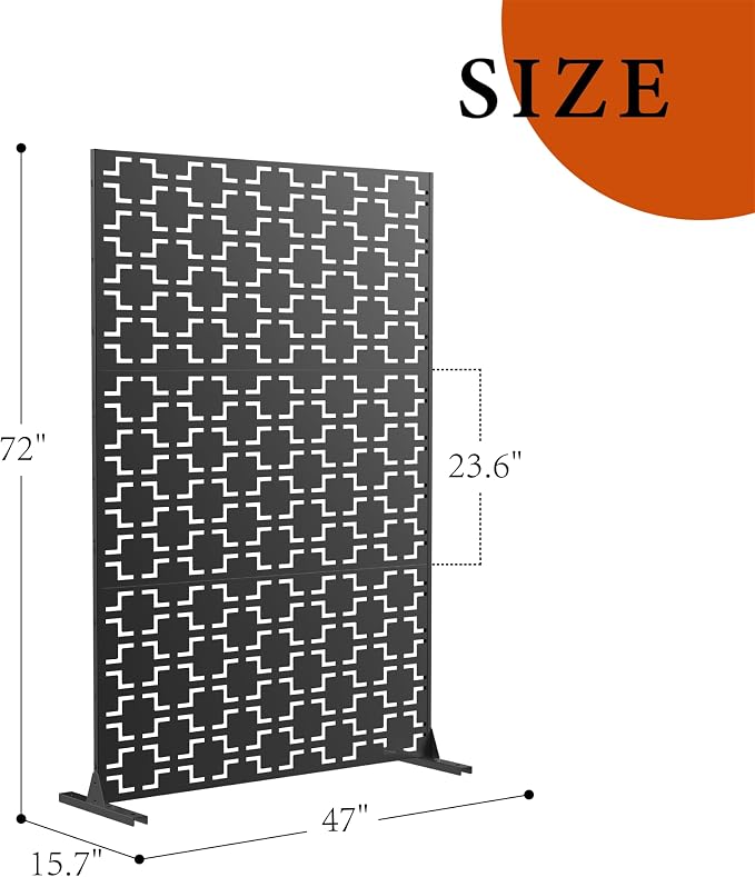 Metal Privacy Screen for Outdoor Freestanding Privacy Screens, 72" H x 47" W Decorative Wall Panels with Stand, Patio Balcony Screens for Outside Outdoor Divider Deck Porch Garden and Indoor