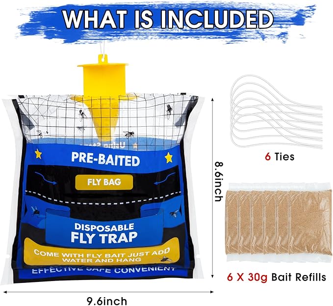 6 Pack Fly Traps Outdoor Hanging for Patio, Outdoor Disposable Hanging Fly Trap with 30g Bait, Bug Fly Hunter Catcher Killer Control for Barn Horse Ranch Chicken Coop