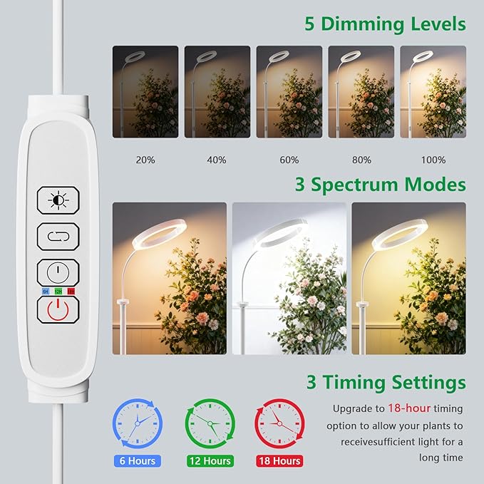 SDOVUERC Full Spectrum Grow Light with Stand for Indoor Plants, Floor Plant Light, 6/12/18H Timer, 3 Color Modes, Adjustable Height 16.5–68in, for Large Plants & Home Décor(1 Head,White)