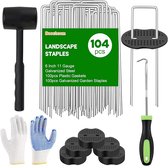 Landscape Fabric Staples with Rubber Hammer,6Inch 50pcs Galvanized Garden Pegs+ 50pcs Gaskets + Pick Hook + Gloves,Anti-Rust,U-Shaped Lawn Spikes,Yard Turf Pins for Weed Barrier,Ground Grass Cover