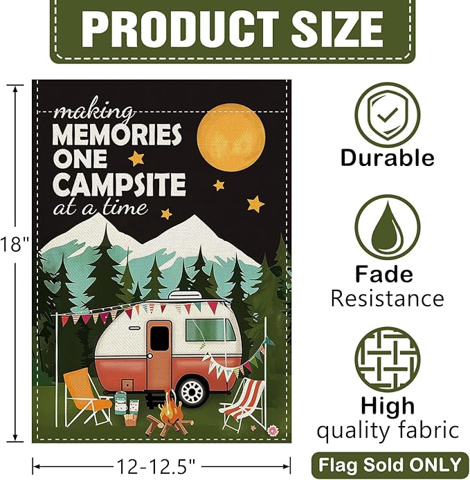 Dyrenson Camper RV Decorative Garden Flag, Making Memories One Campsite at a Time Camping Yard Outside Home Decoration, Campfire Firepit Burlap Outdoor Small Decor Double Sided 12 x 18