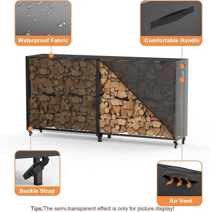 8ft Firewood Rack Outdoor with Cover, Heavy Duty Square Metal Wood Storage Log Holder Stacker, Indoor/Outdoor Use