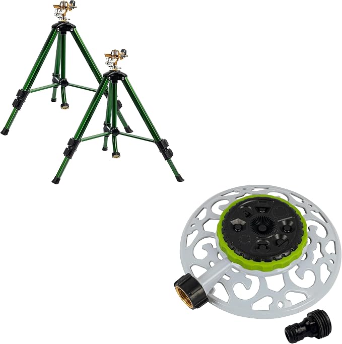 Hourleey Impact Sprinkler on Tripod Base + Adjustable Turret Metal Sprinkler
