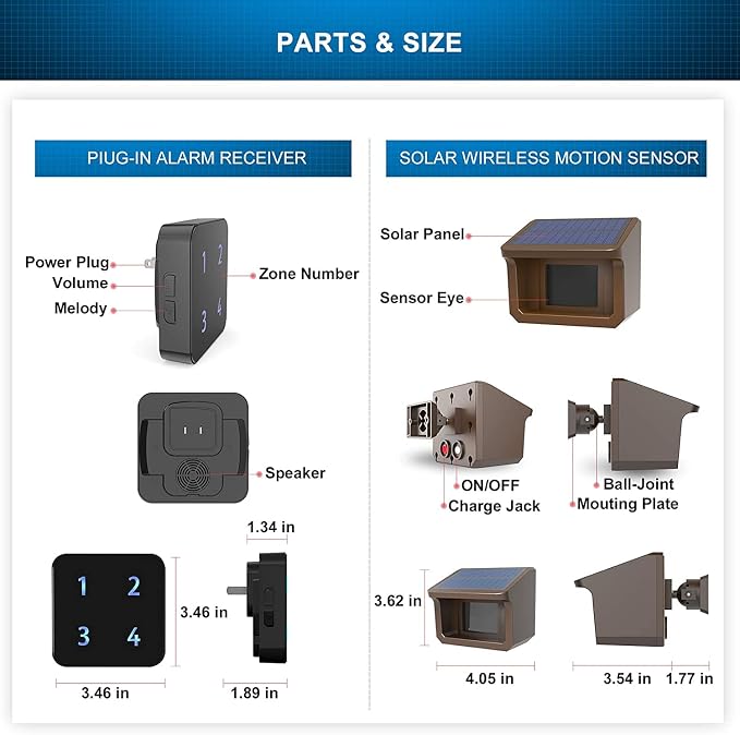 Driveway Alarm System- HTZSAFE 1/2Mile Solar Driveway Alarm System- Up to 70FT Wide Sensor Range- Fully Weatherproof Outdoor Motion Sensor&Detector DIY Security Alert System-1 Receiver and 1 Sensors
