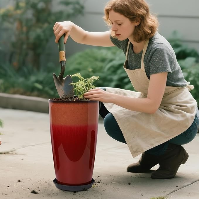 Neoaider Set of 2 Lightweight Ceramic-Look Tall Planter, 21 inch Large Plastic Planter with Drain Hole & Saucers, Large Outdoor Planters for Porch, Garden, Patio, Balcony(Fiery Red)