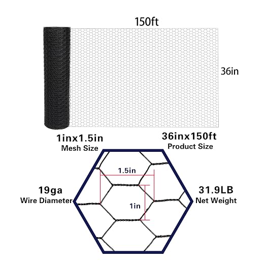 Black 19GA Chicken Wire 36inx150ft, Chicken Wire Fencing, Chicken Fence, PVC Coated Chicken Wire, PVC Coated Wire Mesh for Animal/Rabbit/Floral/Chicken Coop/DIY Projects.