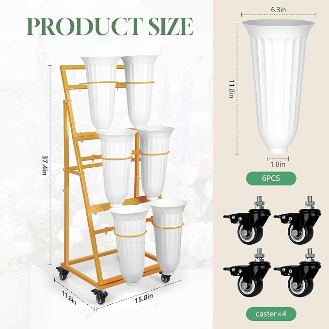 3FT Flower Display Stand with 6 Buckets,Metal Flower Bar Stand with Wheels,3 Layers Moving Florist Bouquet Shelf for Indoor Outdoor Garden,Flower Shop,Wedding,Party Decor (GOLD)