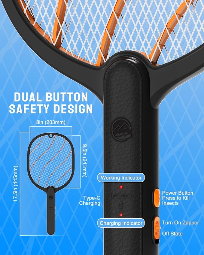 Mosiller Electric Fly Swatter, 3800V Handheld Bug Zapper Racket, Type-C Rechargeable, Mosquito Zapper for Indoor Outdoor, 3-Layer Safety Mesh, Easy to Use, Lightweight (Black-Basic 1 Pack)