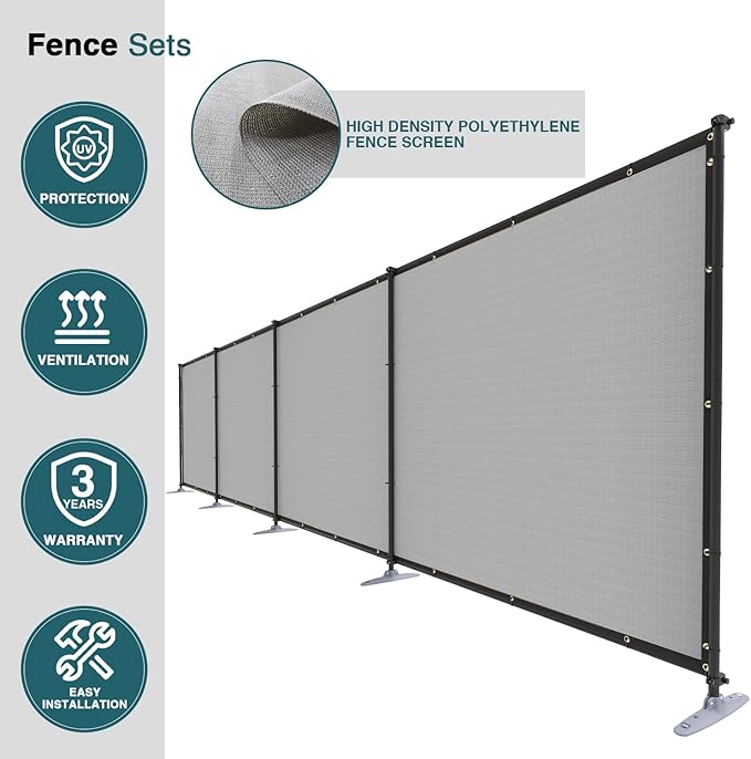 ECOOPTS 6'Hx94'L Privacy Fence Set with Poles and Rails Ground Spikes Fence Kit for Patio Garden Pool Yard (Light Gray)