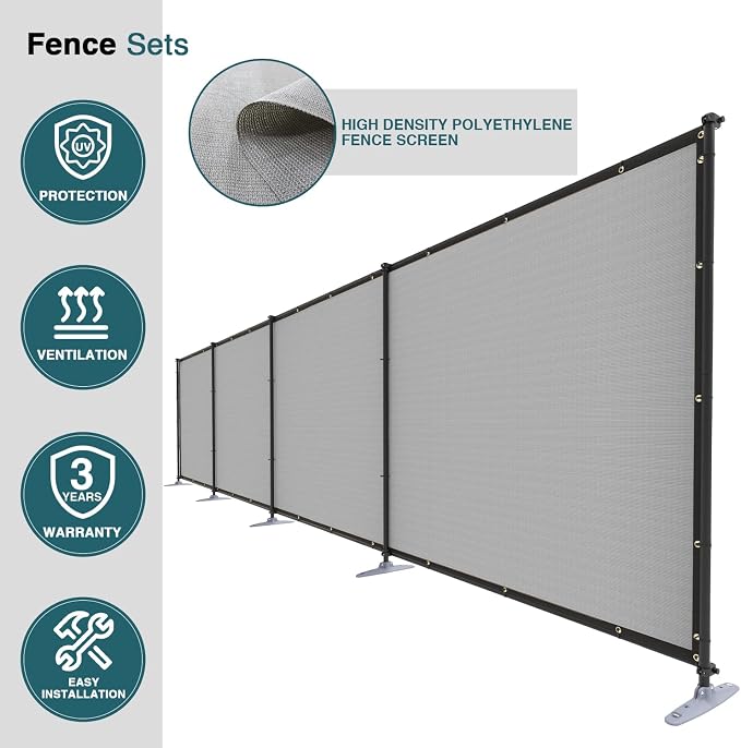 ECOOPTS 5'Hx146'L Privacy Fence Set with Poles and Rails Ground Spikes Fence Kit for Patio Garden Pool Yard (Light Gray)