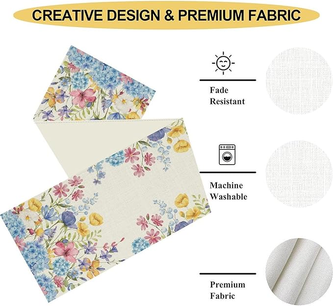 Spring Floral Table Runner, Seasonal Blue Hydrangea Flower Boho Watercolor Summer Farmhouse Country Rustic Table Center Decor for Family Kitchen and Dining Party Table Decorations, 13"x108"