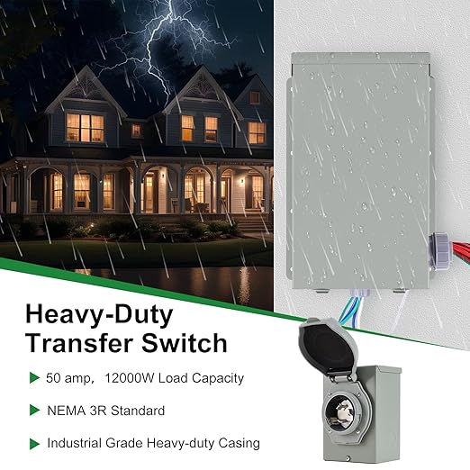 50 Amp Generator Transfer Switch Kit,10-Circuits,12000W, Indoor&Outdoor,NEMA 3R, Include 10 Foot Cord and 50 Amps Inlet Box, Easy to Install,5 Years Warrnaty
