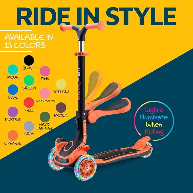 3 Wheel Scooter for Kids with Foldable Seat, Adjustable Handlebar Height, Lean-to-Steer Ride On Toy for Kids Ages 2+, Light-Up LED Wheels, Wide Anti Slip Deck, Indoor & Outdoor Use