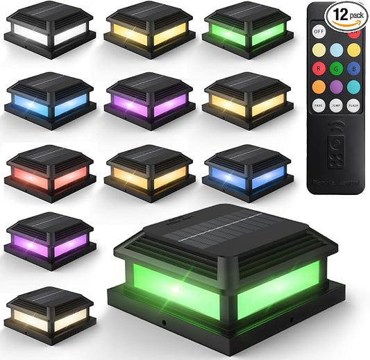 Solar Post Cap Lights with Remote 12 Pack, 9 Colors 3 Modes Changing Solar Deck Lights Outdoor Waterproof, 4x4 Post Solar Lights Fits 4x4/5x5 Wood/Vinyl Fence Deck Posts,Backyard,Garden,Fence