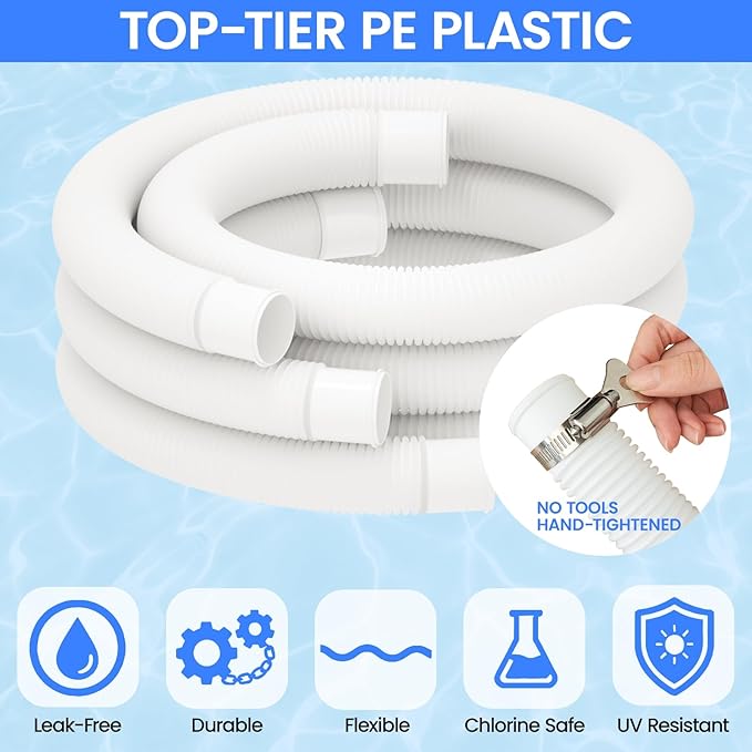 Poolvio 1.5" x 59" Above Ground Pool Hoses, 3-Pack, White- Heavy Duty UV Resistant Leak-Proof Replacement Hoses with 6 Metal Thumb Clamps, Perfectly Fits Intex Filter Pumps & Pool Surface Skimmers