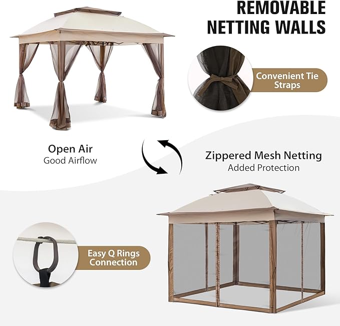 COOS BAY Pop up Gazebo 11x11, Instant Canopy Tent with Mesh Netting, Patio Gazebo with 121 Square Feet of Shade, 4 Weight Bags Included, Beige