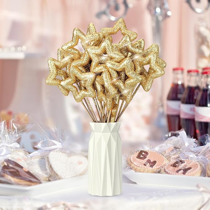 BrightRow 60 Pcs Golden Star Picks for Table Decorations Centerpieces 9.8" Glitter Sparkly Foam Stems Sticks for Floral Arrangements Graduation Baby Shower Party Wedding Supplies(Hollow Star)
