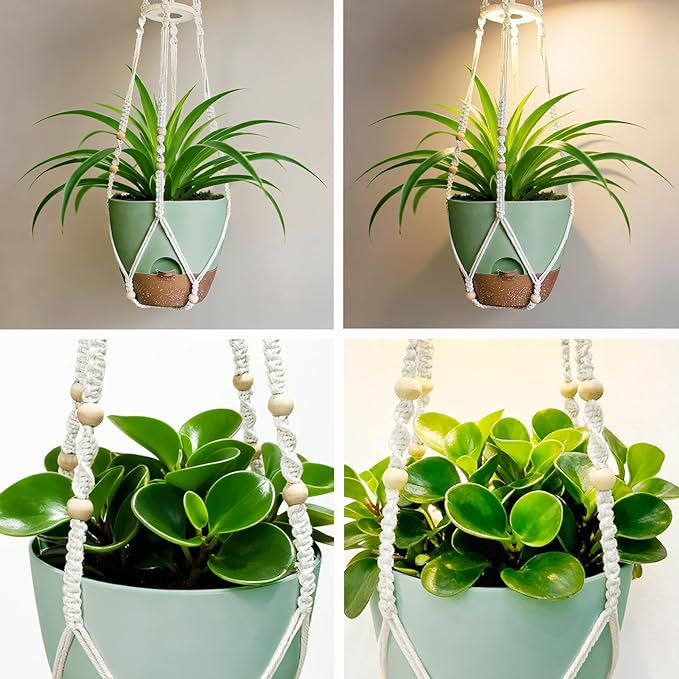 Hanging Planters for Indoor Plants: 2 Pack Macrame Plant Hangers with Grow Lights and Self-Watering Pots, Large Hanging Pots with Drainage Holes & Removable Tray（10in Green Pot, Daylight Spectrum）