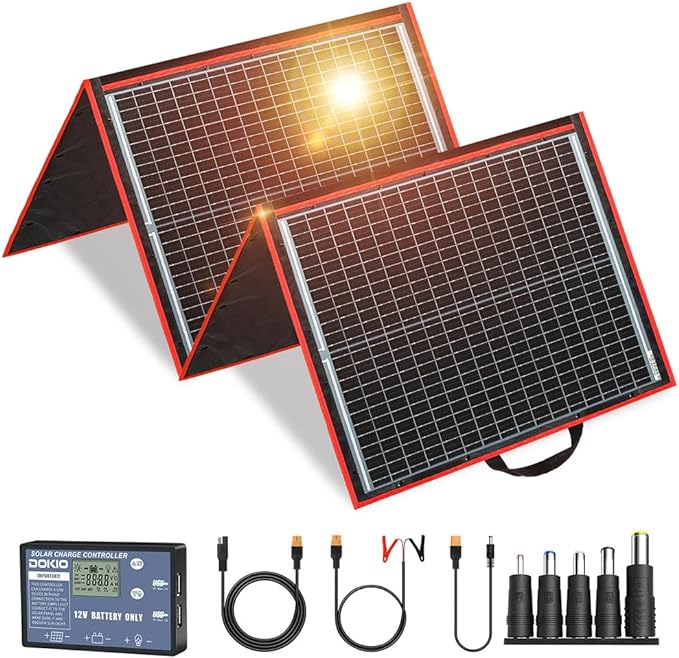 DOKIO 150W Portable Foldable Solar Panel Kit, Compact 21x20in Design 7.3lb with Standalone Controller and USB, Monocrystalline Charger for 12V Batteries, Power Stations, RV Camping Emergency Use