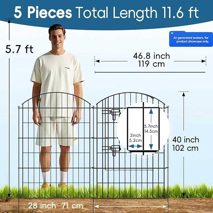 Thealyn Metal Garden Fence 40 in H x 28 in W 5 Panels (4 Panels + 1 Gate) Total Length 11.6 ft, No Need Dig Rustproof Animal Barrier Fencing Border Fence for Dog, Patio,Yard, Landscape, Flower Bed