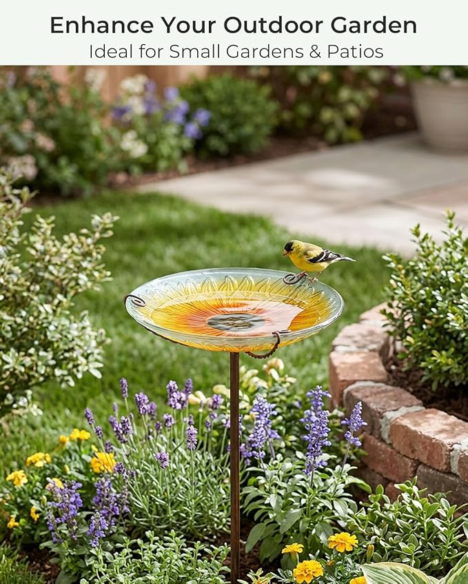 10.5" D Glass Bird Bath with Stake – Shallow Bird Bath for Outside Garden Backyard – Decorative Birdbath & Feeder for Patio Lawn – Hand-Painted Glass Water Dish, Sunflower