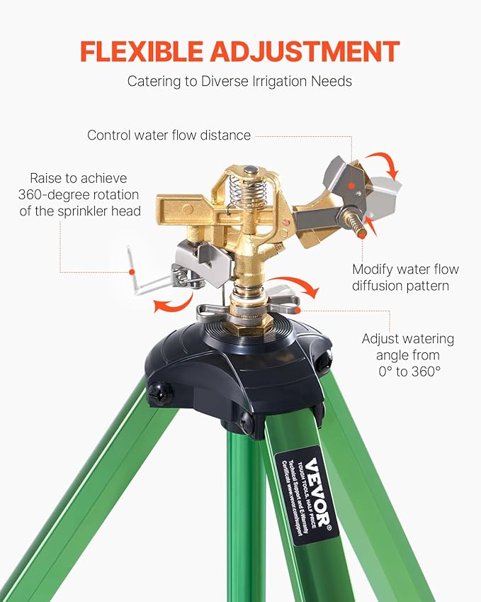 VEVOR Impact Sprinkler on Tripod Base, Heavy Duty Tripod Sprinklers with Brass Head & 3/4" Connector, 360 Degree Large Area Coverage Irrigation Sprinkler, Adjustable Heights, for Yard Green