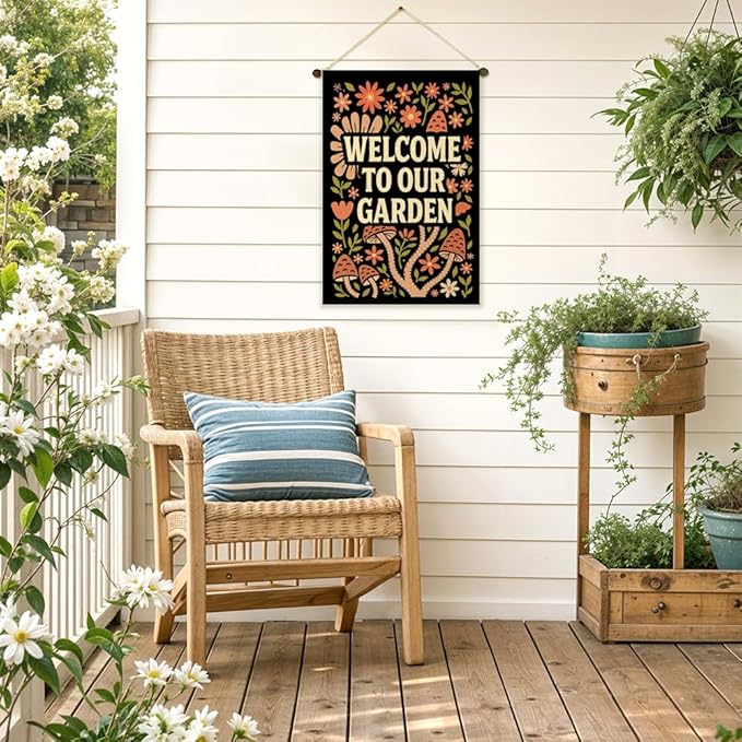 Welcome To Our Garden Garden Flag Double-Sided Yard Outdoor Decoration 12x18 Inch, Bohemian Vintage Floral Welcome Garden Flag, Courtyard Terrace Lawn Outdoor Decoration