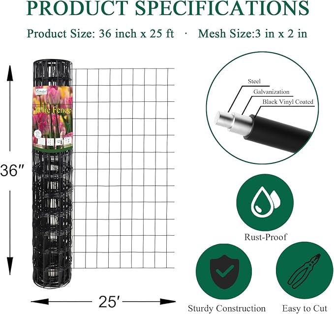 FOREHOGAR Black PVC Coated Welded Wire Fence 36 Inch x 25 Foot, 2 Inch x 3 Inch 16GA, Garden Border Fencing Roll Vinyl Coating Metal Wire Mesh for Yard Vegetable Plant Protection Poultry Netting