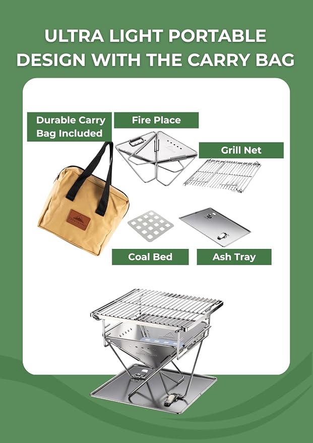 CAMPINGMOON Portable Charcoal Grill 9.65 Inch Stainless Steel Tabletop Grill Fire Pit 3 Level Adjustable Height Grill for Camping Outdoor Cooking Barbecue Carry Bag X-MINI-PRO