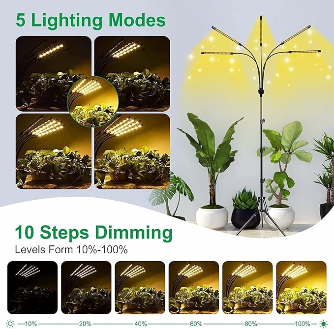 yentbokj 5-Head Adjustable LED Lights, Full Spectrum Grow Lamp with Timer, Warm White Light for Indoor Plants