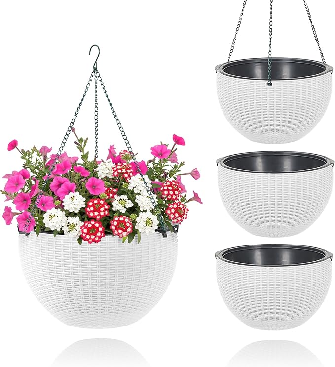 13.8 Inch Self Watering Hanging Planter, 4PCS Round Resin Hanging Basket for Indoor Outdoor Plants, Rattan Look Flower Pot with Drainage Plug, Deep Inner Pot and Sturdy Metal Triple-Chain Hanger