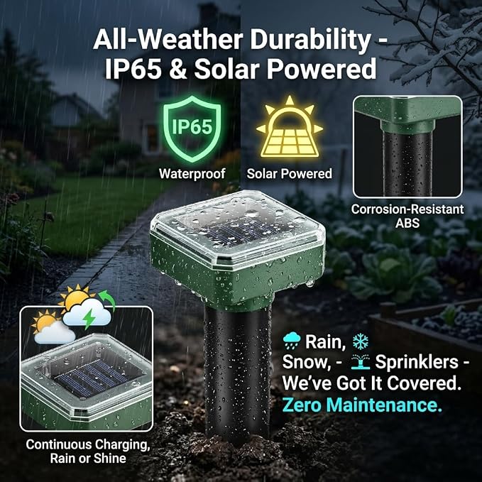 2026 8Pack Mole Repellent Solar Powered Sonic Gopher Repellent Stakes for Lawns,IP65 Waterproof Ultrasonic Mole Repellent for Lawns,Sonic Chipmunk Snake Armadillo Vole Deterrent for Lawns