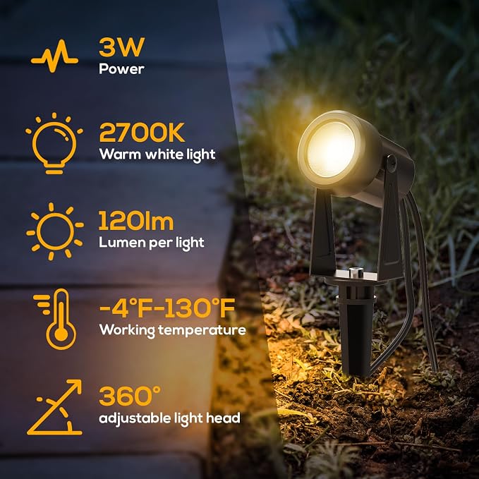 Banord Outdoor Landscape Lighting, 8 Pack Outdoor Spot Lights, Low Voltage LED Landscape Lighting with Transformer for Yard, Plant, Lawn, Garden, IP65 Waterproof & 2700K Warm White