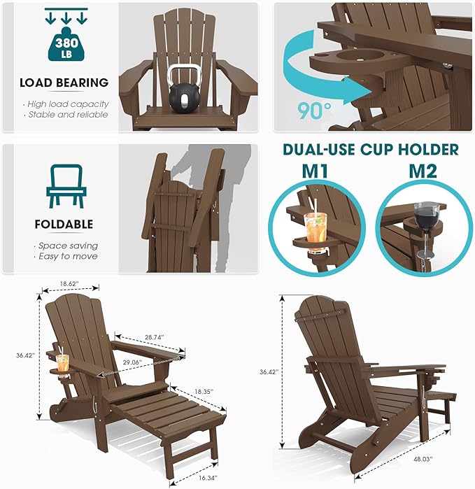 THOEOE Folding Adjustable Adirondack Chairs with Ottoman & 1 Cup Holders Set of 4, HDEP Multifunctional Adirondack Chair with Footrest,Brown