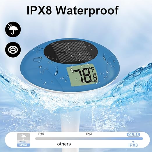 Digital Pool Thermometer Floating Easy Read –Solar Powered Floating Digital Temperature Gauge for Accurate Testing, Big LCD Screen for Easy Reading, °C/°F Display, IPX-8 Waterproof (Navy Blue)