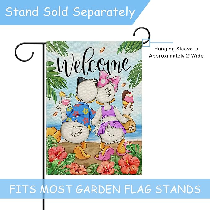Selmad Welcome Summer Cartoon Duck Decorative Garden Flag, Beach Coastal Hibiscus Flower Tropical Home Yard Outdoor Decor, Hawaii Nautical Seasonal Small Outside Decoration Double Sided 12 x 18