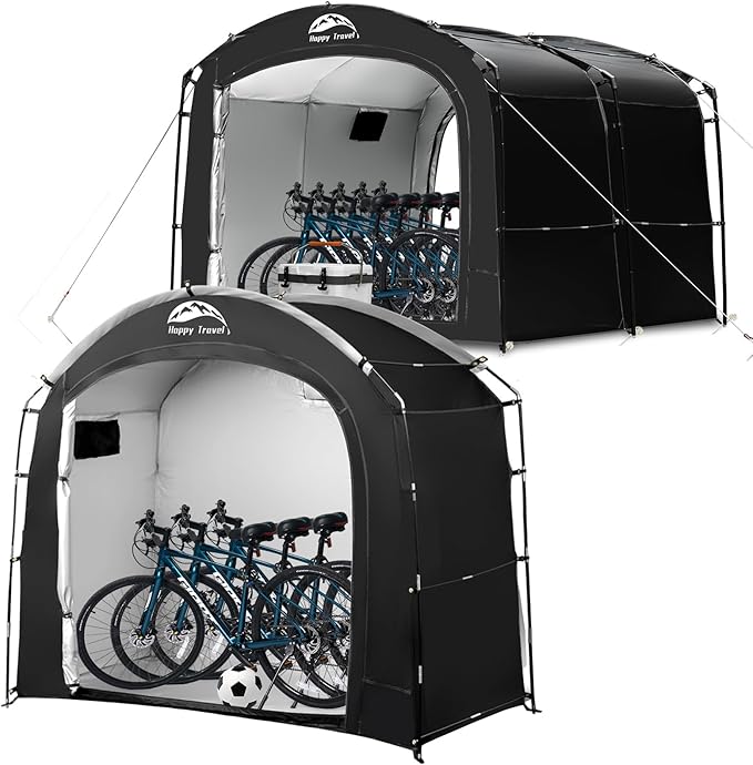 Happy Travel Bike Storage Shed Tent, Waterproof Portable Bicycle Cover with 30% More Top Storage Space for 2/3/4/8 Bikes,Clips Easy Setup Outdoor Sheds Shelter for Motorcycle, Garden Tools, Lawn Mower