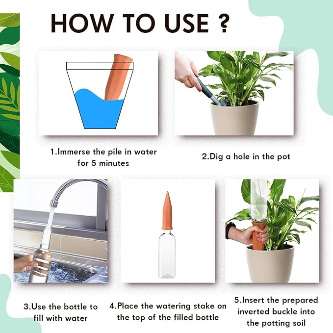 Ziliny 6 Sets Plant Watering Devices 6 Pcs Self Watering Spikes 6 Pcs 25 oz Plastic Bottles Slow Release Automatic Waterer Empty Liquor Bottles Terracotta Spikes for Vacation Plant (Ceramic Color)