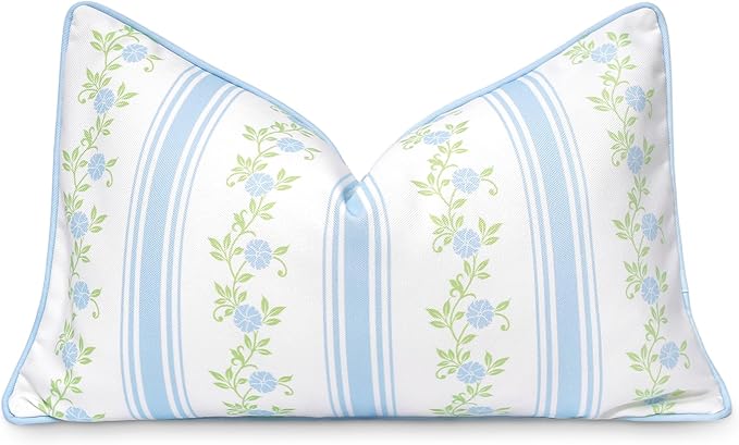 Hofdeco Premium Coastal Patio Indoor Outdoor Lumbar Pillow Cover Only, 12"x20" Water Repellent for Backyard, Couch, Baby Blue Print Stripe Floral