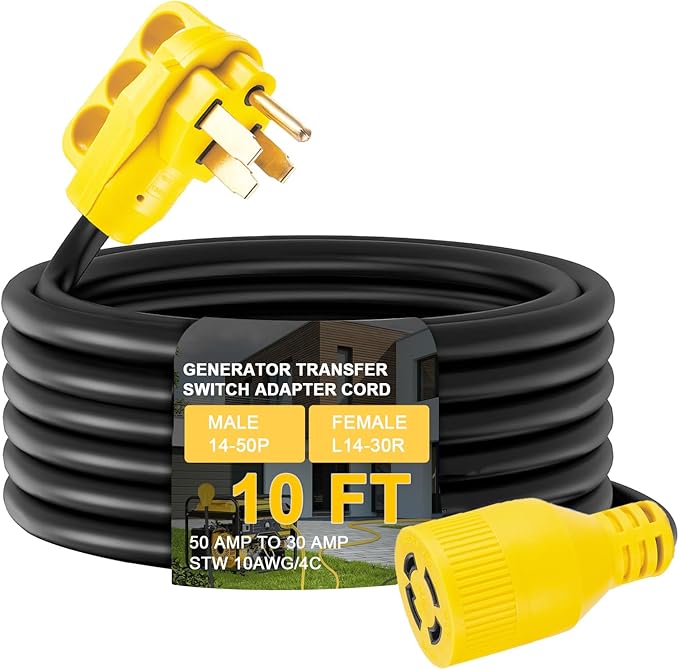 10 FT NEMA 14-50P to L14-30R Generator Transfer Switch Adapter Cord, 240V/120V 50 Amp Male to 30 Amp Female Twist Lock 4 Prong Generator Adapter Cord, STW 10 AWG Heavy Duty ETL Listed